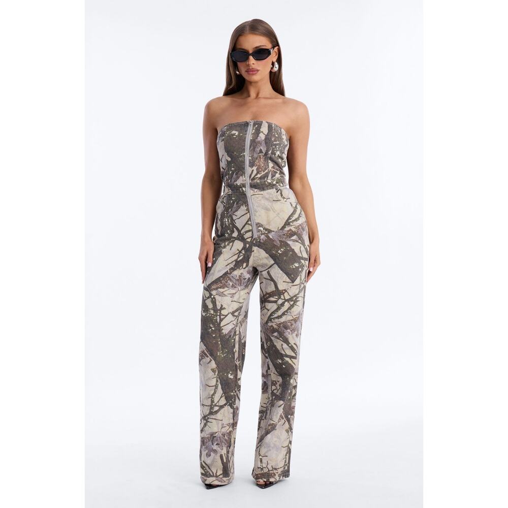 Klesis Tree Camo Strapless Jumpsuit Size S Smocked Zip Straight Leg NWT Stretch